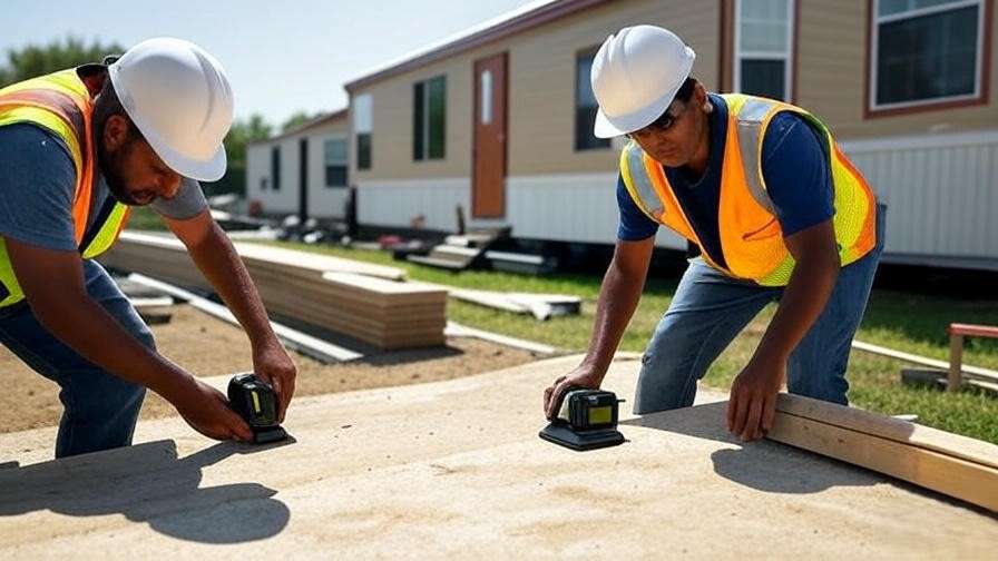 Site preparation for mobile home reinstallation with leveling tools and foundation work