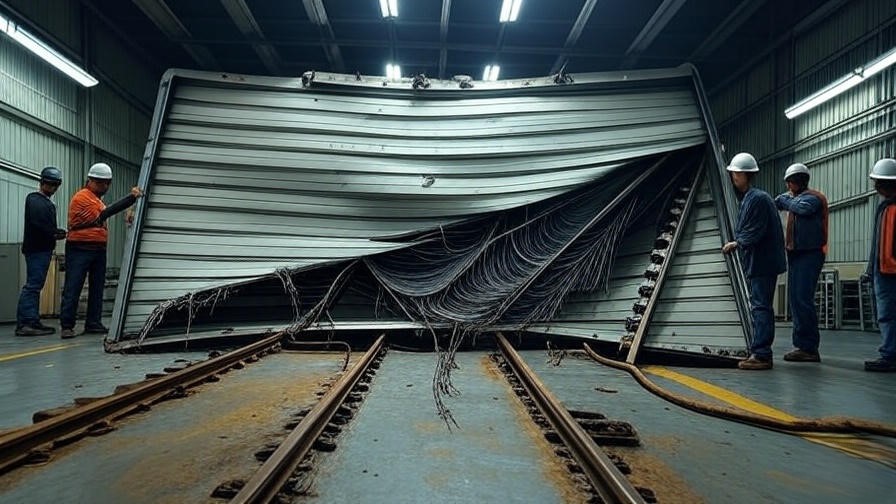 Damaged commercial garage door with misaligned tracks and workers inspecting in industrial setting.