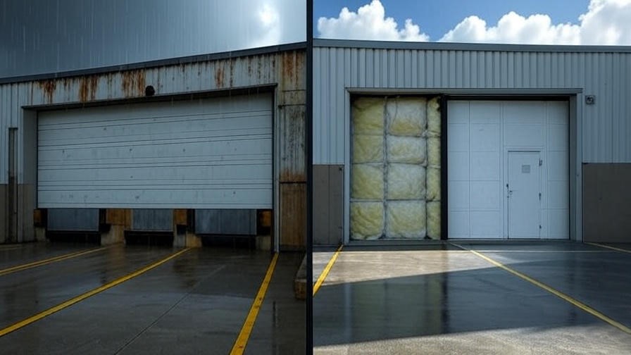 Before-and-after view of commercial garage door affected by weather corrosion versus protected insulated door in warehouse.