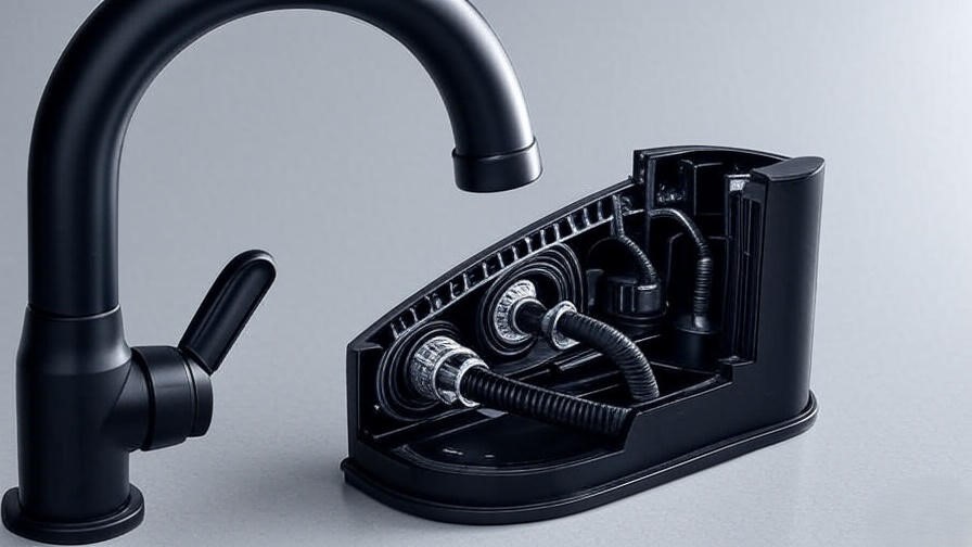 Cross-section of black kitchen faucet showing engineering components
