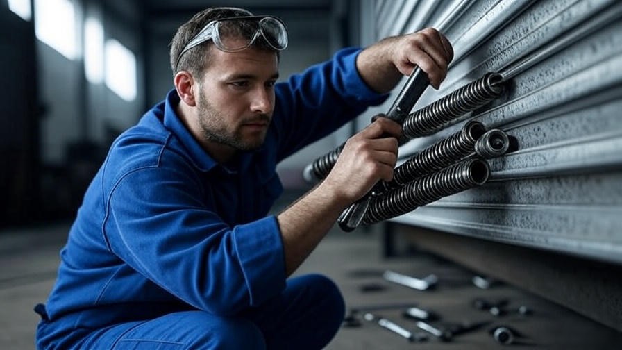 Mechanic performing routine inspection on commercial garage door torsion springs with torque wrench in warehouse.