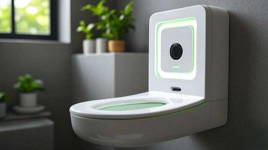 Futuristic smart dispenser with IoT sensors for sustainable and durable toilet seat covers in eco-friendly restroom.