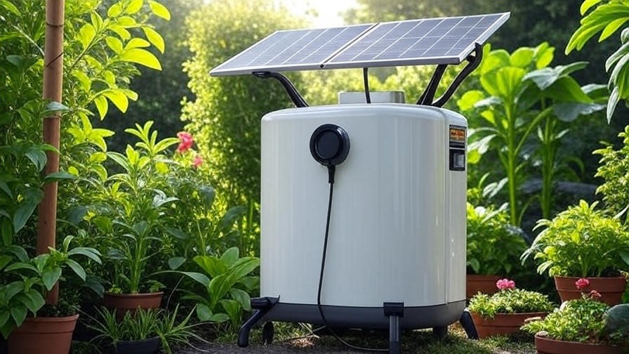 Solar-powered portable water heater at an off-grid tiny home with solar panels.