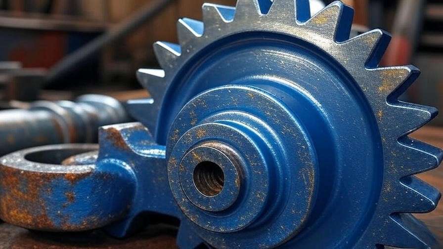 Close-up of a glossy, powder-coated steel gear in an industrial setting, highlighting durability and corrosion resistance.