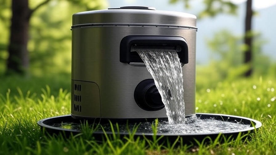 Close-up of a portable water heater in use with hot water flowing into a basin in a forest.