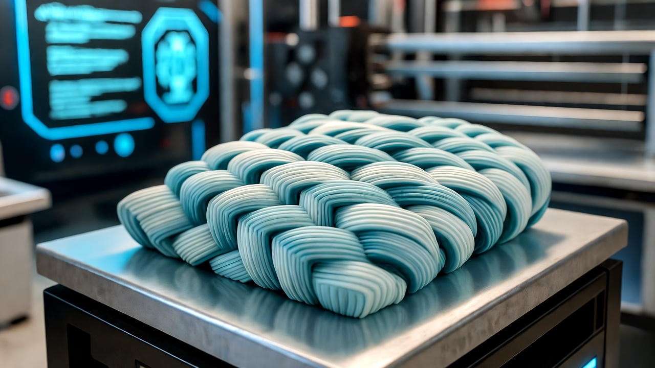 3D-printed composite material with light blue denim-inspired twill weave in a high-tech lab.