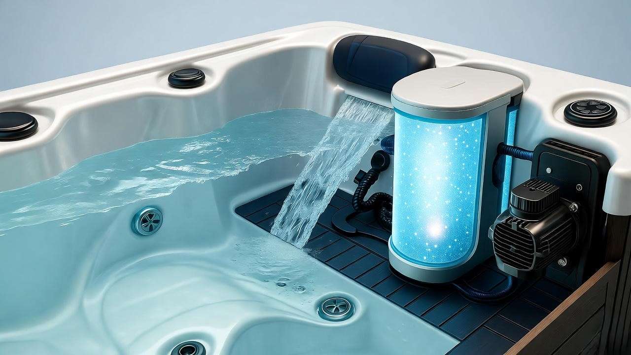 Close-up cutaway view of a salt water hot tub, showcasing the salt cell, pump, and control unit with water flow and electrolysis effects.