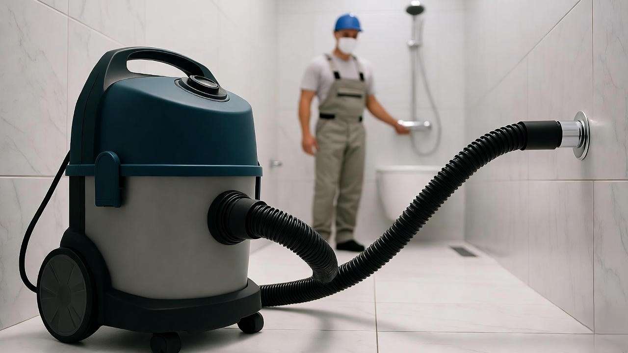Wet/dry vacuum hose unclogging a shower drain with a professional plumber in a well-lit bathroom