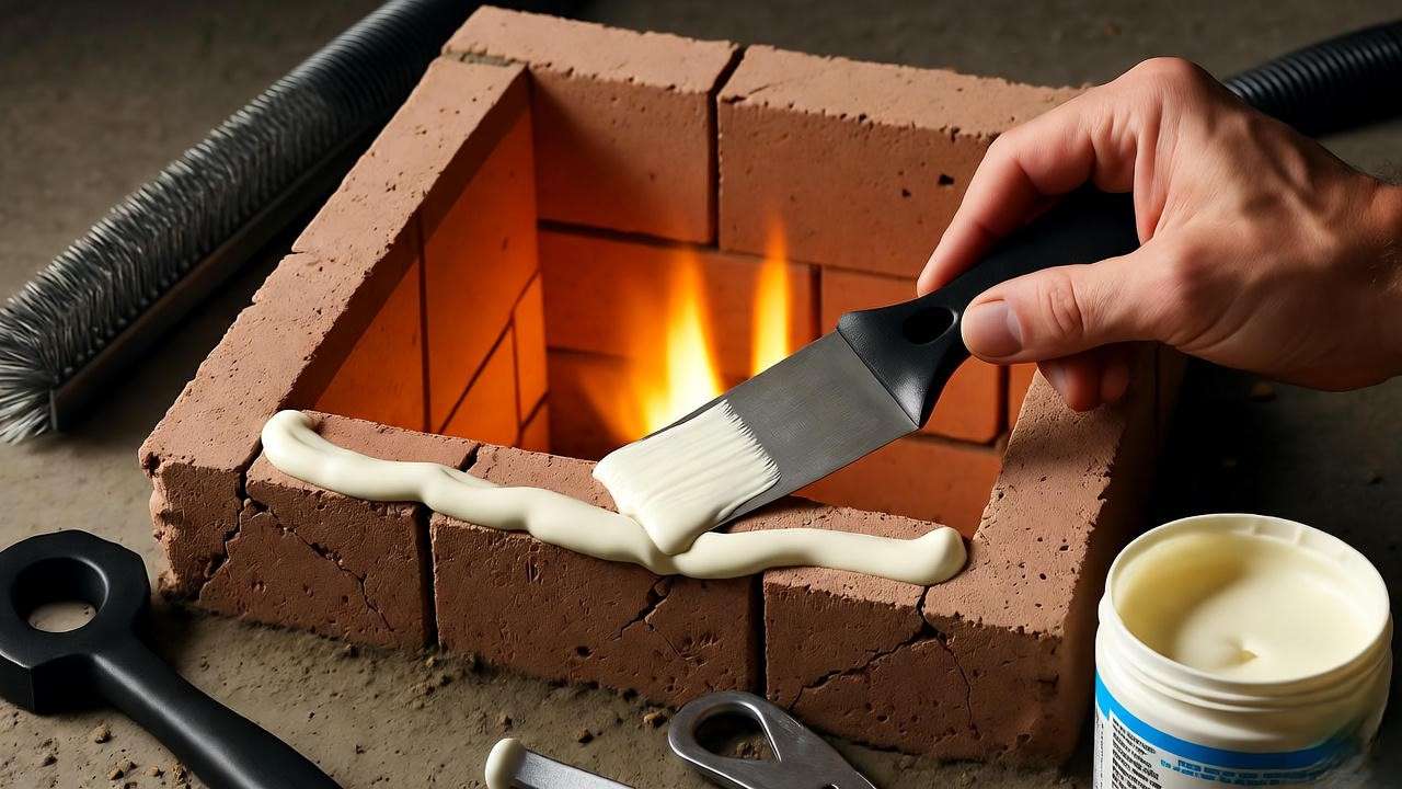 Sealing minor cracks in fireplace firebox using refractory caulk for safety.