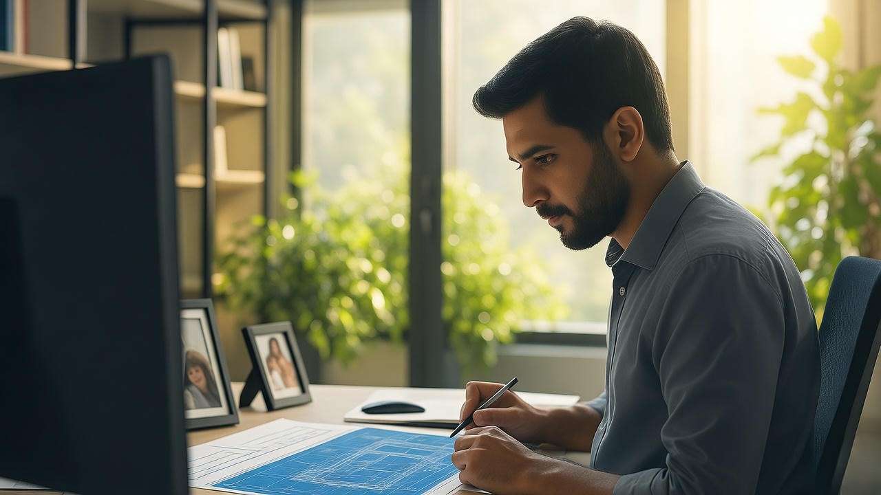 Mechanical engineer reviewing blueprints with family photo in office symbolizing work-life balance