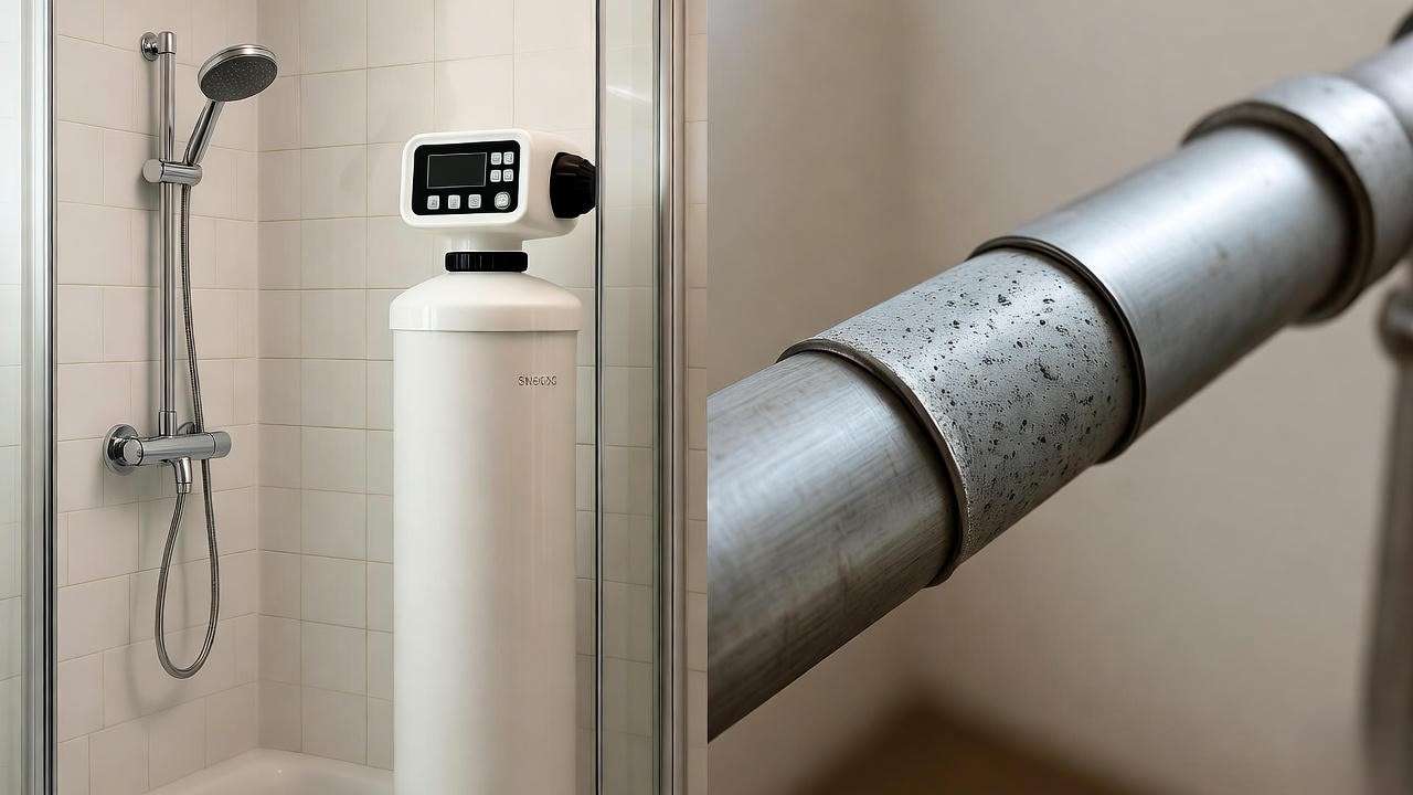 Water softener unit and pipe with reduced mineral buildup near a shower in a modern bathroom