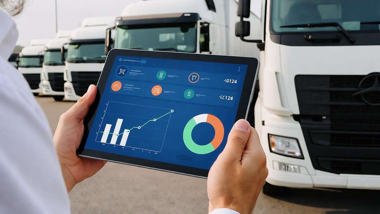 Fleet manager using a tablet with fleet management software to monitor truck health for mobile truck repair.