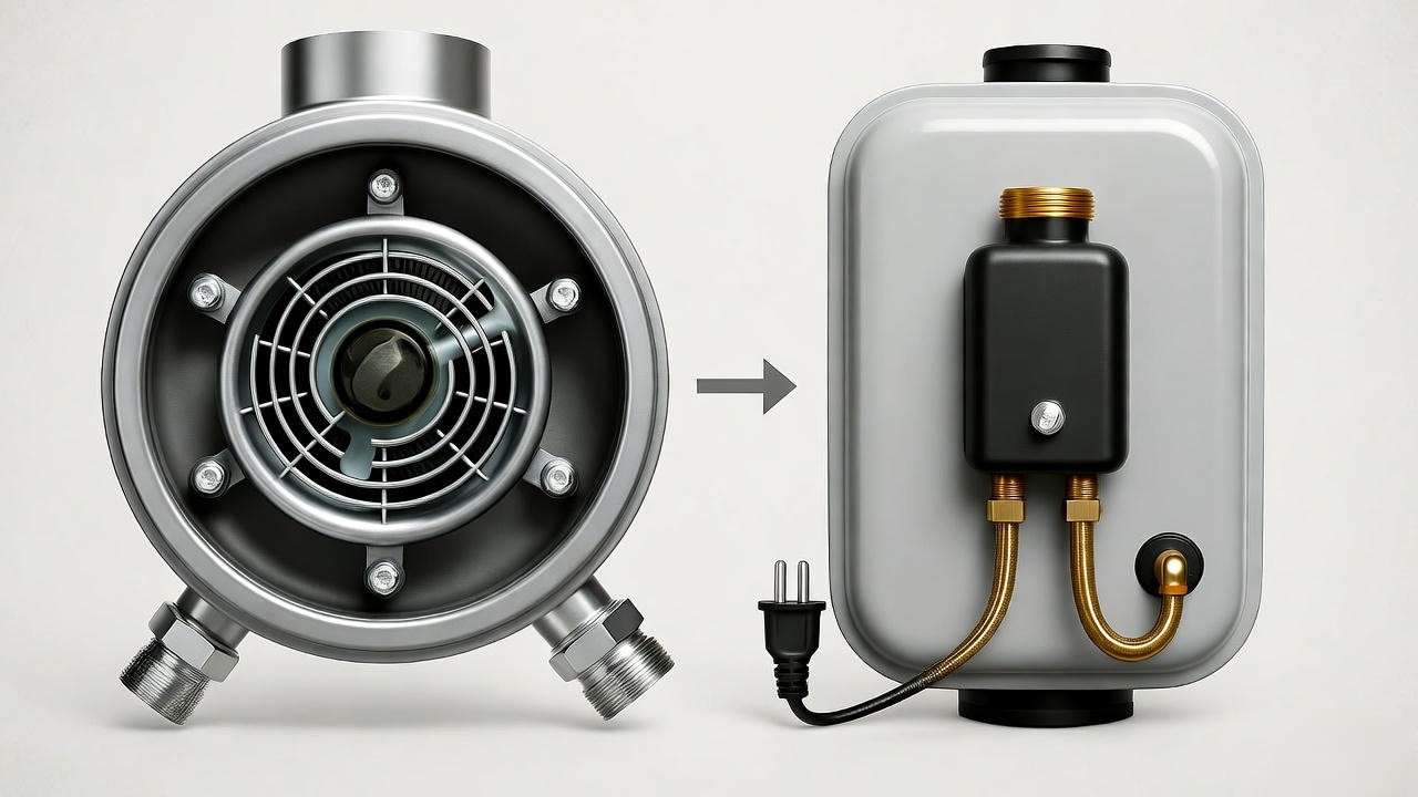 Comparison of propane and electric RV tankless water heaters with labeled components.