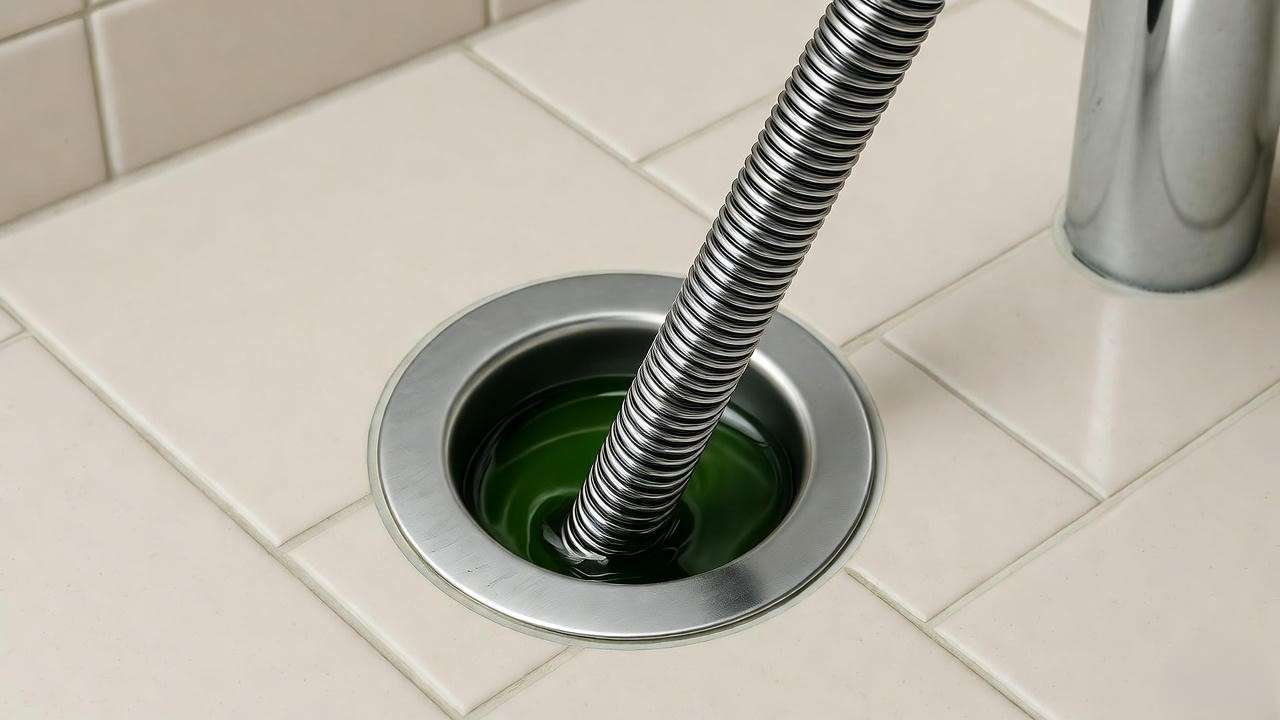 Drain snake unclogging a shower drain with murky water in a clean bathroom with screwdriver and gloves.