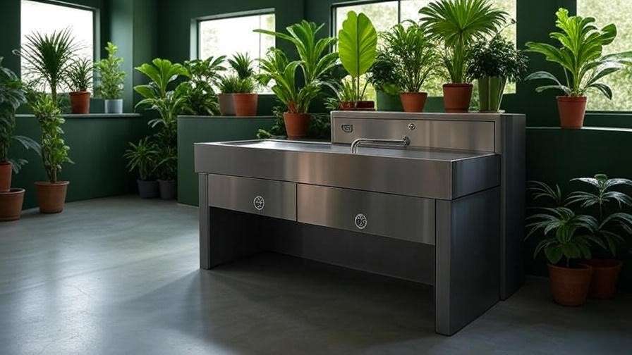 Sustainable mop sink with greywater system in an eco-friendly facility."