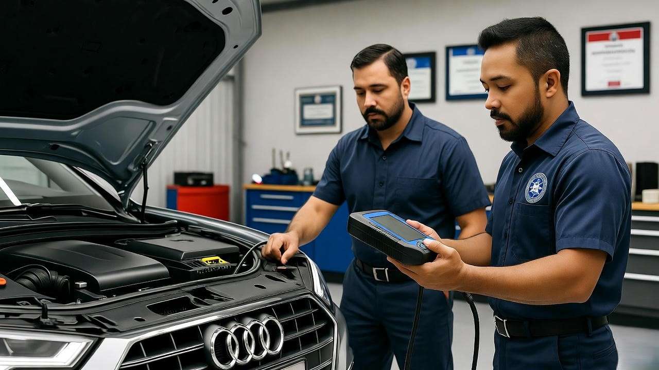Certified technicians repairing an Audi or Porsche in a modern workshop with OBD-II scanner