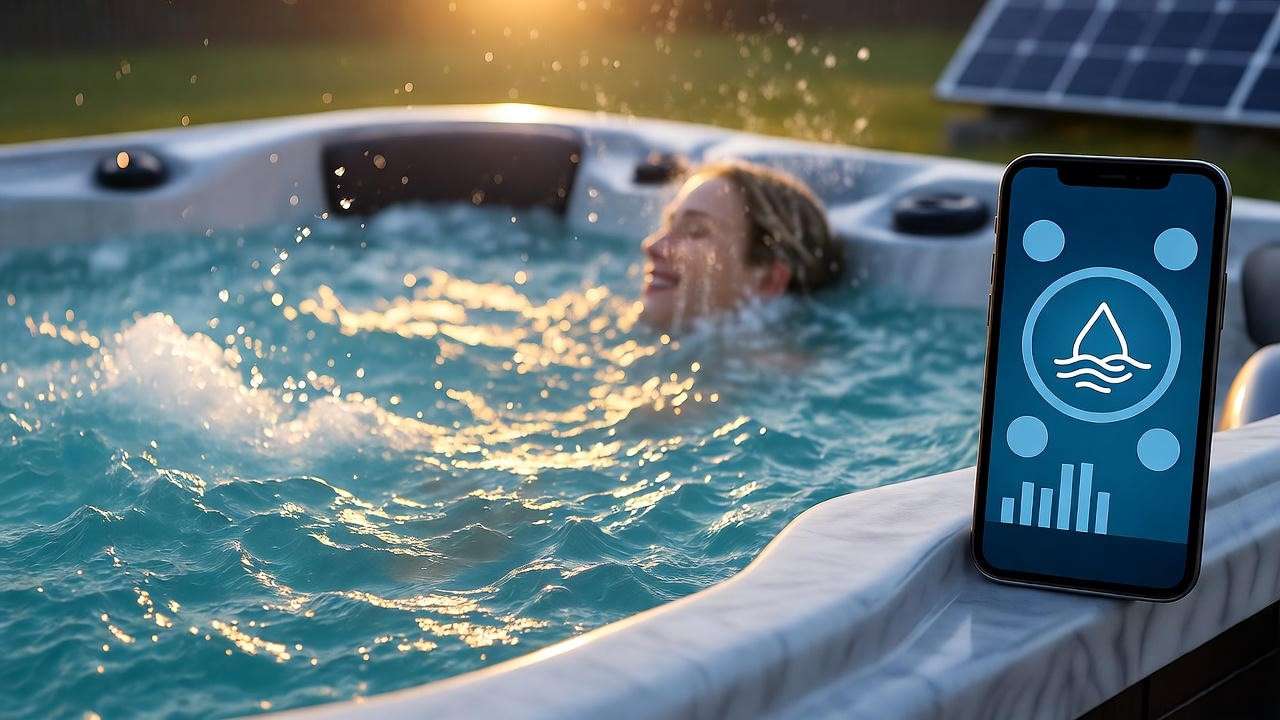 Person relaxing in a salt water hot tub with clear water, featuring a smartphone with a water quality app, set in an eco-friendly outdoor scene.