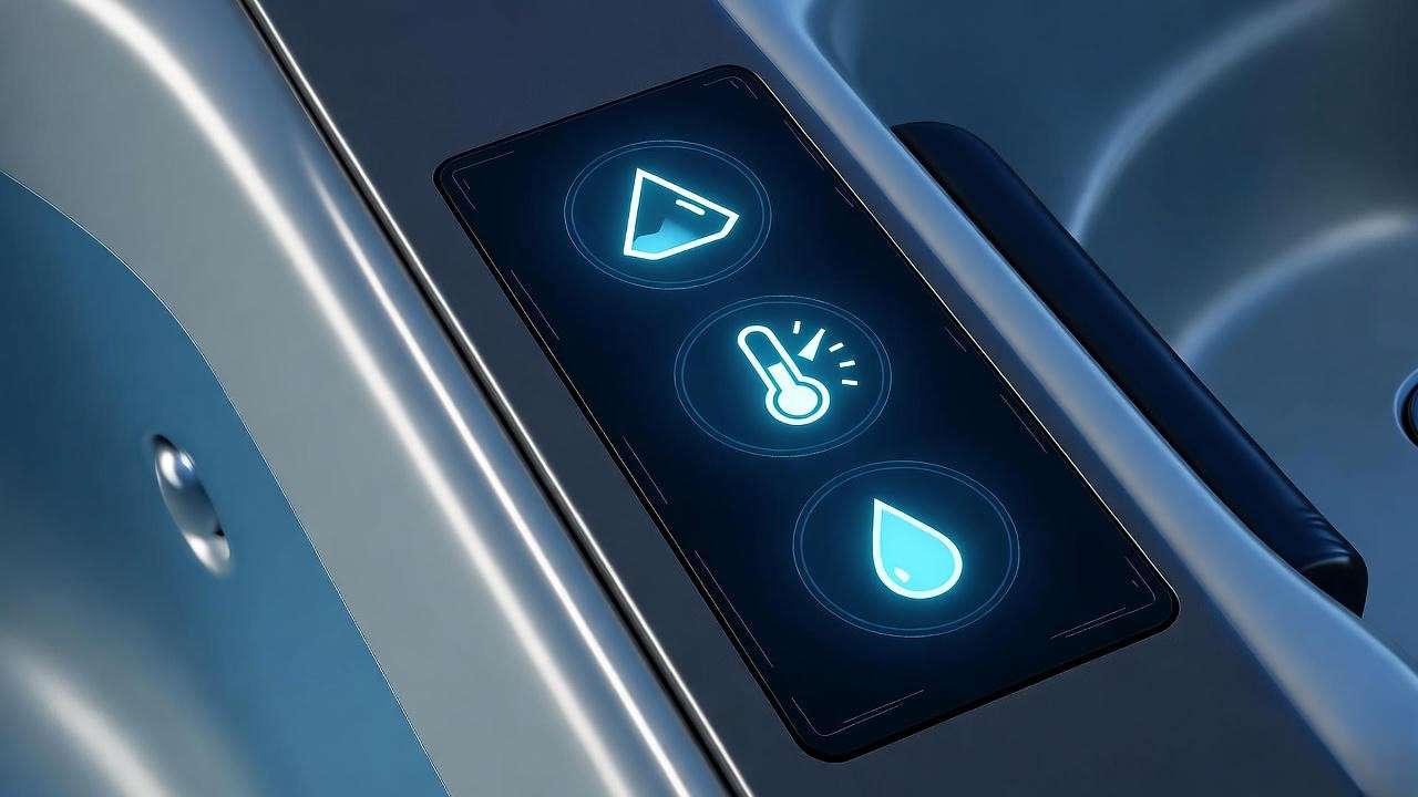 Futuristic control panel of a salt water hot tub with glowing IoT indicators for salt levels and water quality, highlighting engineering innovation.