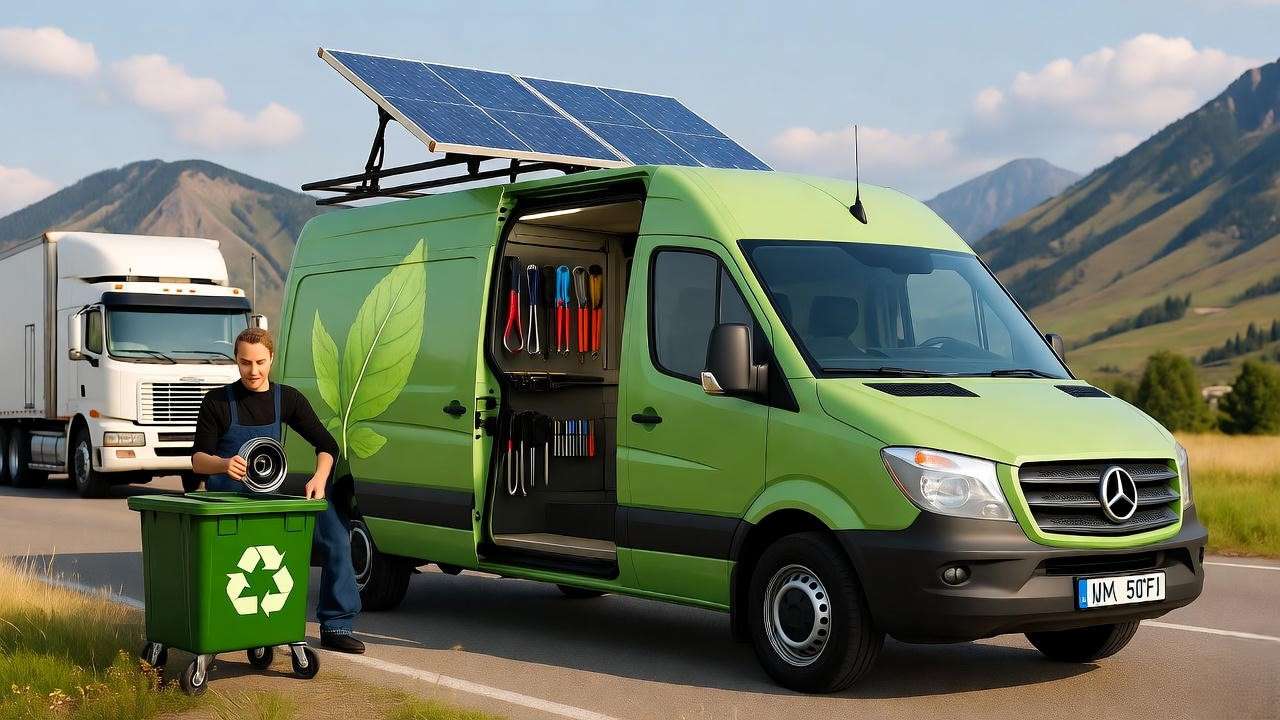 Eco-friendly mobile truck repair van with solar panels servicing a semi-truck, emphasizing sustainability.