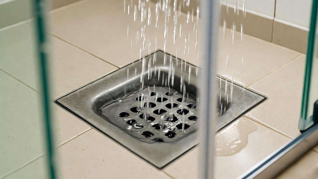 Mesh drain guard over a shower drain with water flowing in a sleek bathroom.