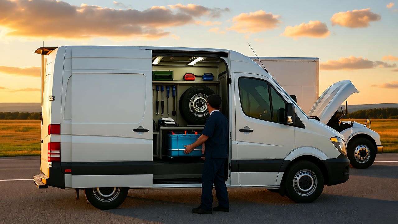 Mobile truck repair van equipped with tools and parts servicing a semi-truck on a rural highway.