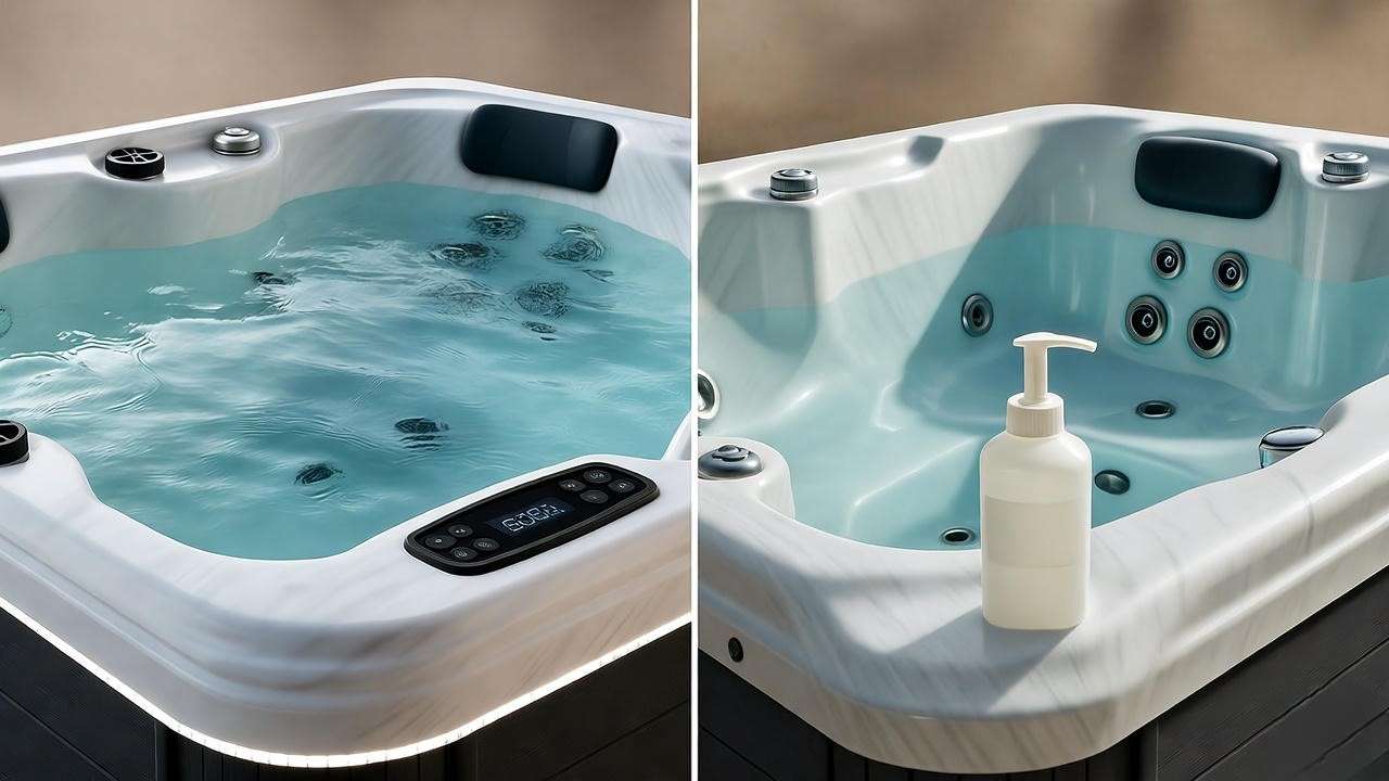Side-by-side comparison of a salt water hot tub with clear water and a traditional hot tub with corroded jets, highlighting mechanical efficiency.