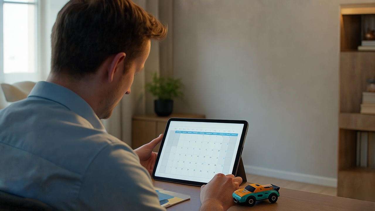 Engineer using digital calendar with child’s toy for time management
