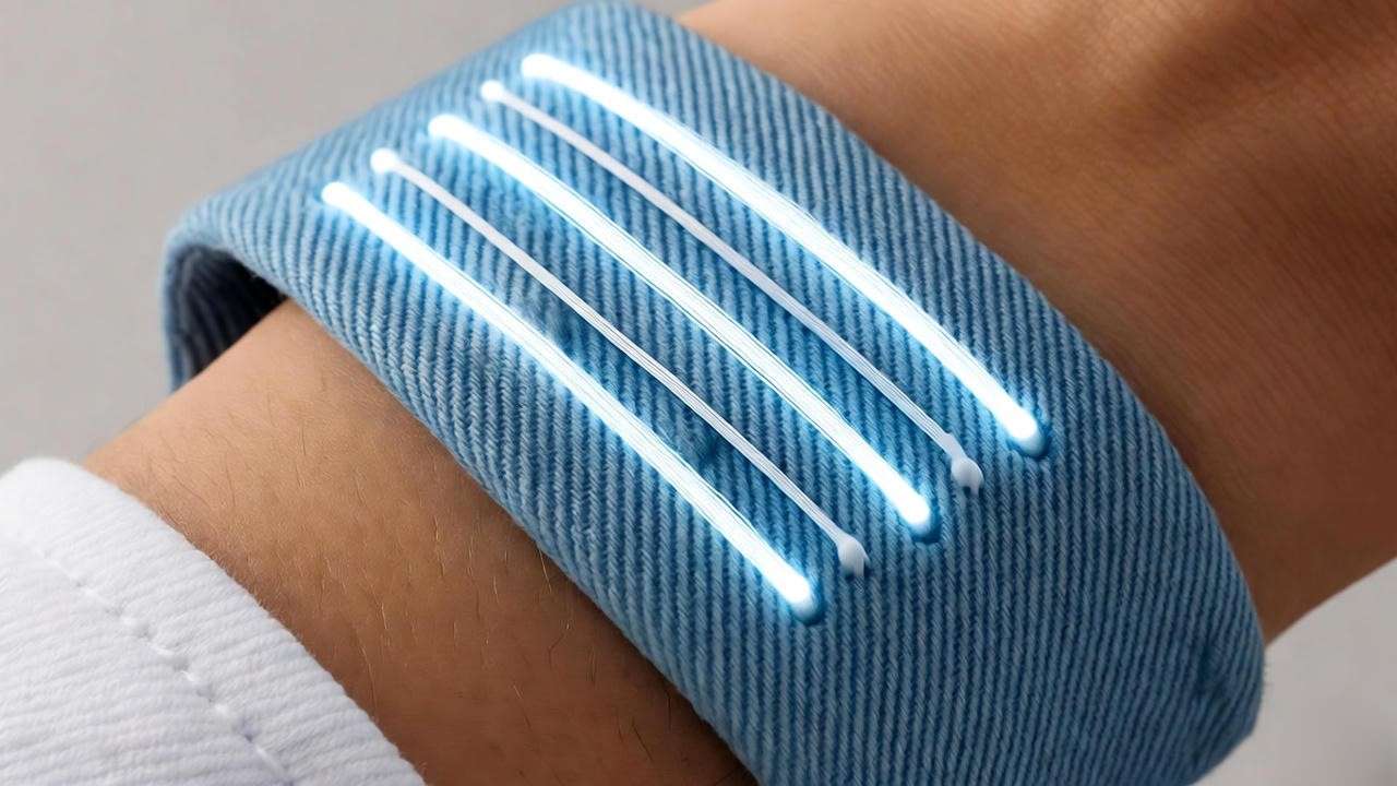 Smart wristband with light blue denim texture for wearable technology applications.