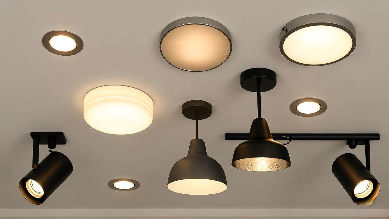 Different types of light fitting for bathroom ceilings including recessed and pendant options for safety and style.
