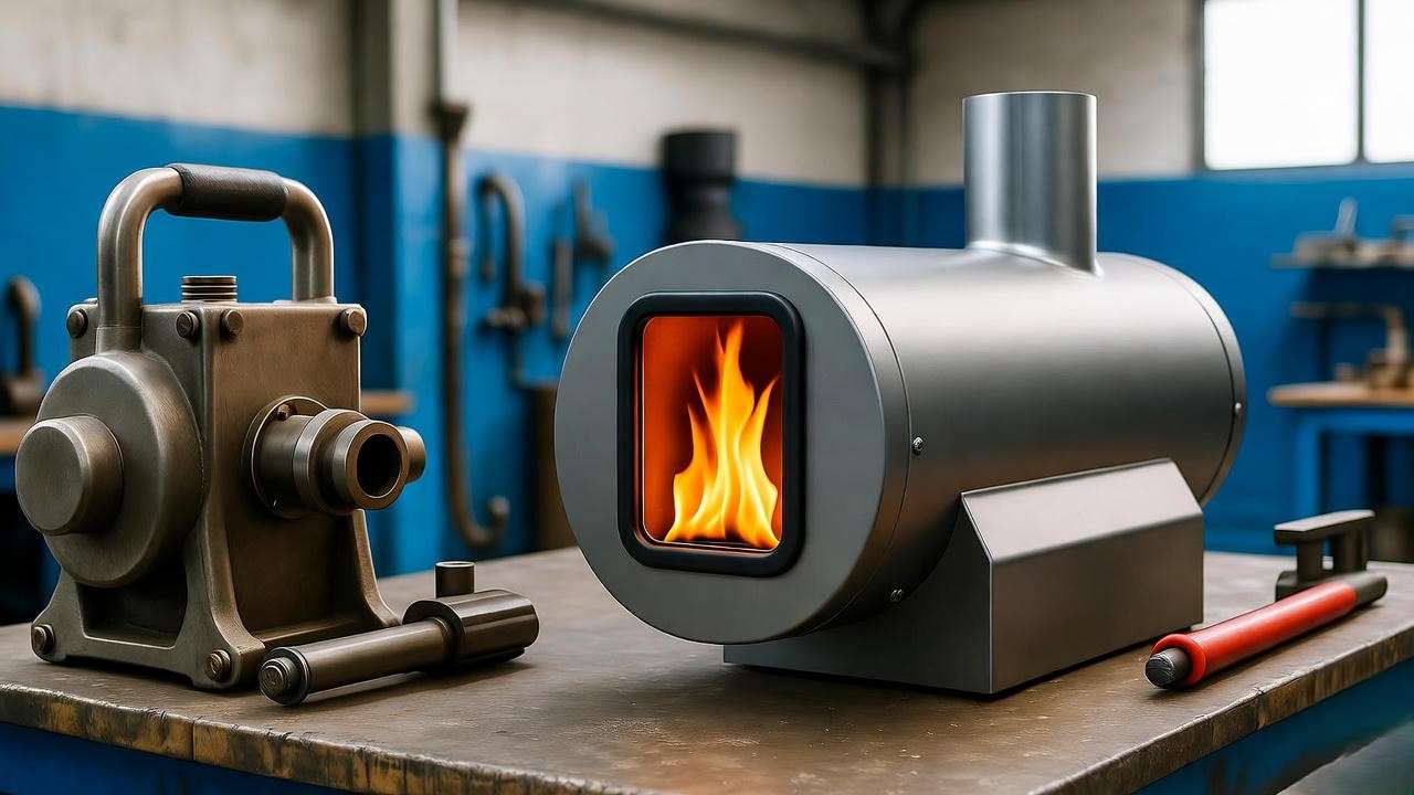 Modern waste oil heater in workshop for efficient heating
