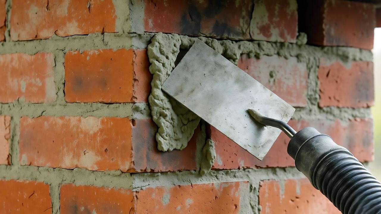 Repointing mortar joints in chimney for structural integrity and leak prevention.