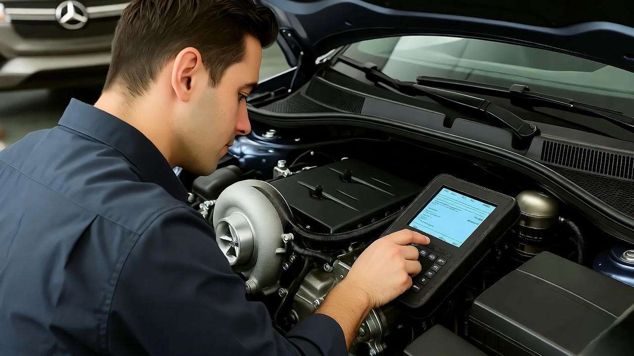 Mechanic using diagnostic tools on a foreign car engine like Mercedes-Benz or Toyota in a garage