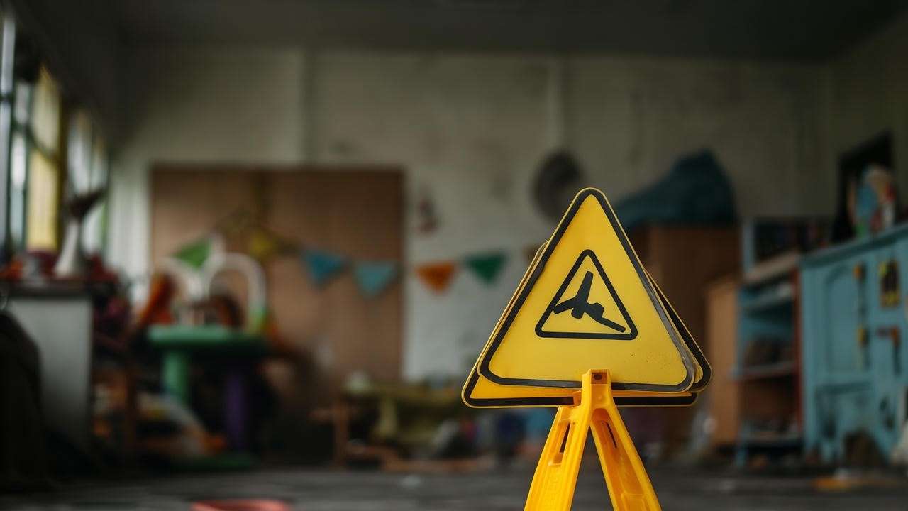 Caution sign in daycare with outdated equipment in background