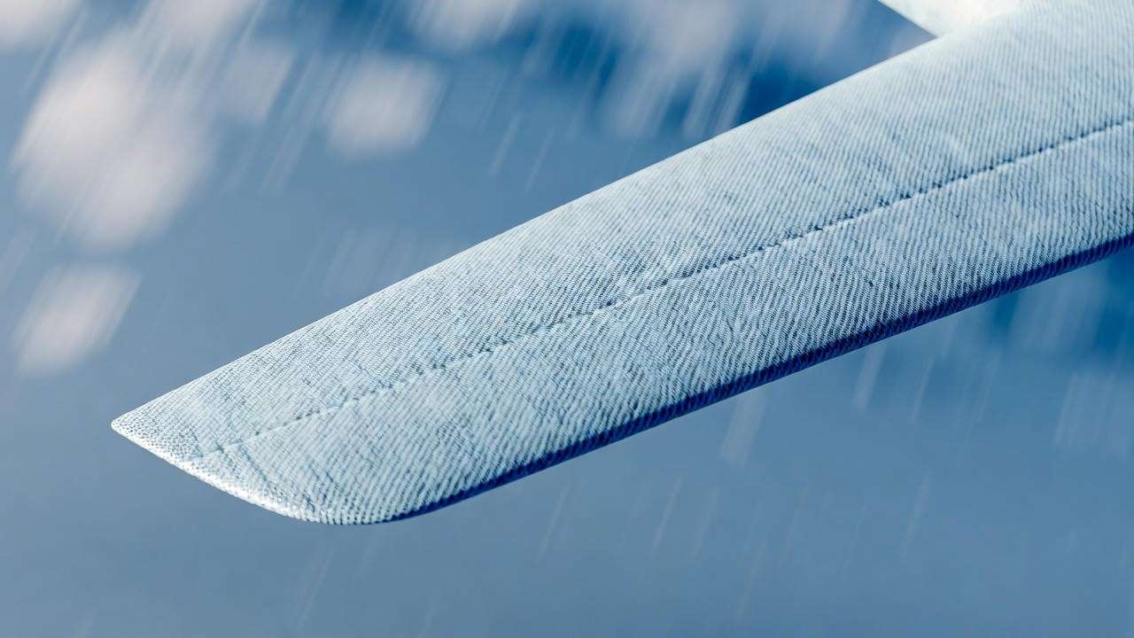 Lightweight drone wing with light blue denim-inspired composite material against a sky background