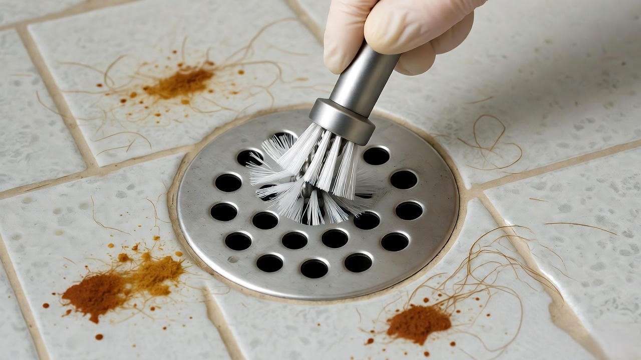 Gloved hand cleaning shower drain cover with pipe brush removing hair and soap scum in a bright bathroom