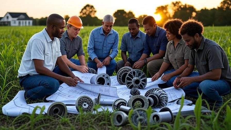 Engineers collaborating with blueprints and turbine parts in a North Carolina field, honoring collective engineering legacies.