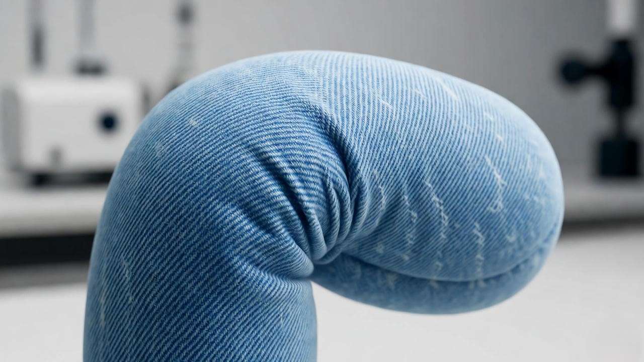 Futuristic soft robotic arm with light blue denim-inspired texture in a laboratory setting