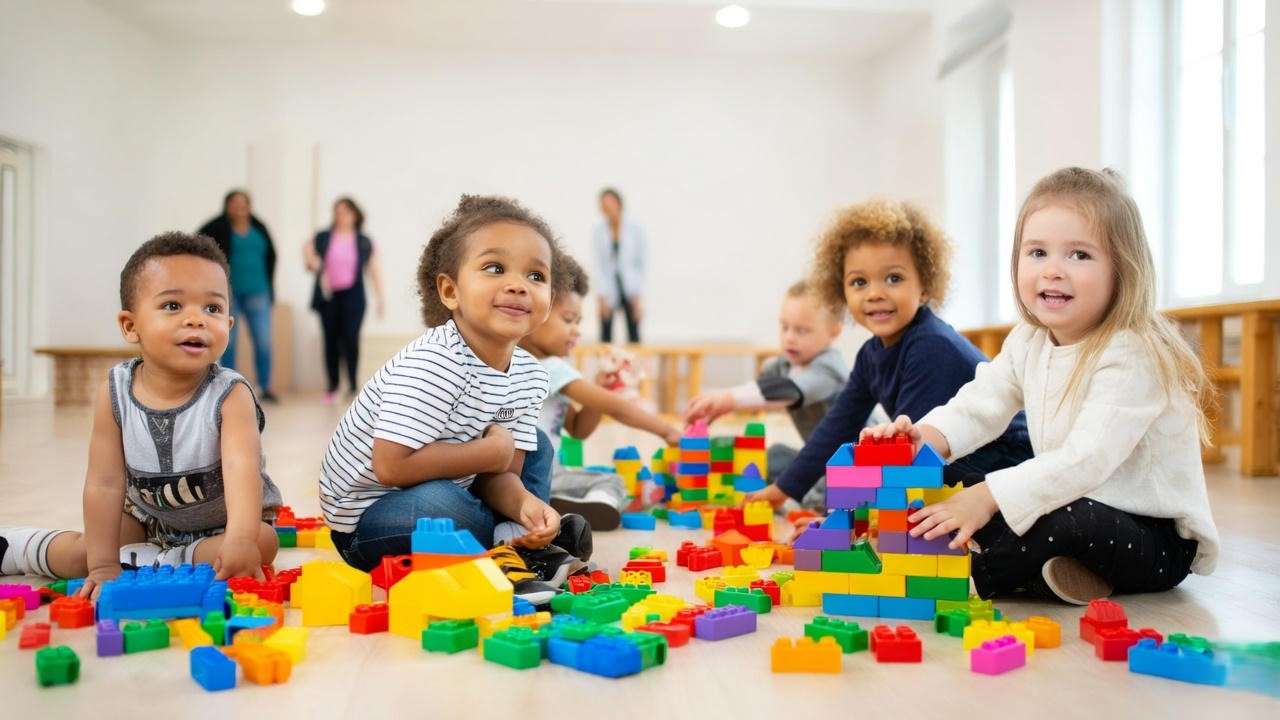 Children playing with building blocks in a safe, bright daycare classroom