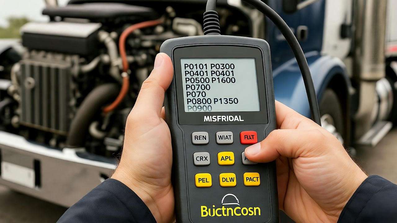 Mobile truck repair mechanic using an OBD-II diagnostic scanner to troubleshoot a semi-truck engine.