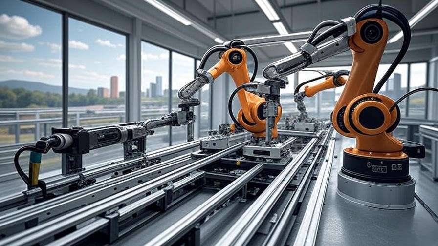 Modern robotic assembly line with sensors, reflecting Lane Ross Miller's contributions to North Carolina manufacturing innovation.