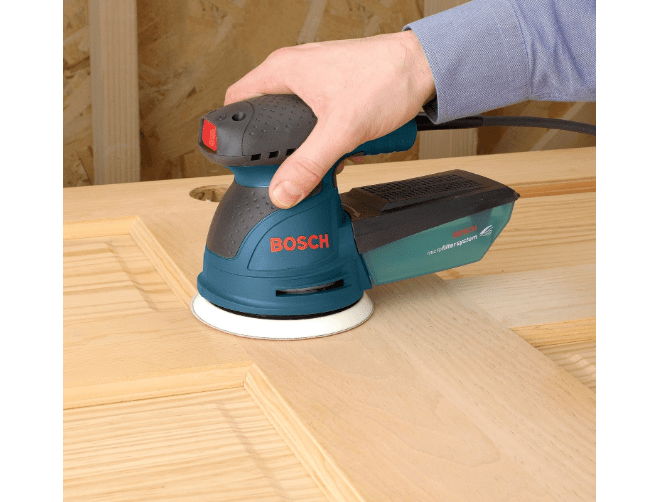 
BOSCH ROS20VSC Palm Sander 2.5 Amp 5 Inch Corded Variable Speed Random Orbital Sander, Polisher Kit with Dust Collector and Soft Carrying Bag