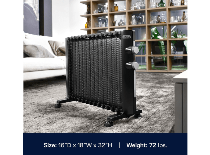  DeLonghi Mica Panel Space Heater, 1500W quiet electric space heater for indoor use, adjustable thermostat, freestanding/ easy wall mount, full room heating...