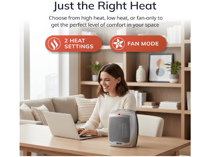  Lasko Desktop Electric Ceramic Space Heater with Adjustable Thermostat, 2 Heat Settings and Fan Only Mode, 9.2 Inches, Silver, 754200