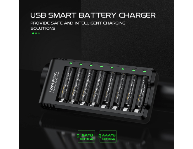  POWEROWL 8 Bay AA AAA Battery Charger, USB High-Speed Charging, Independent Slot, for Ni-MH Ni-CD Rechargeable Batteries, No Adapter