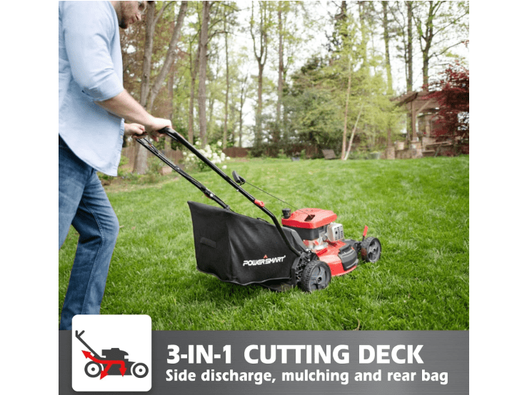  PowerSmart Gas Lawn Mower, 21-Inch 170cc 3-in-1 Walk-Behind Push Lawn Mower with Grass Bag, Red (DB2194PR)