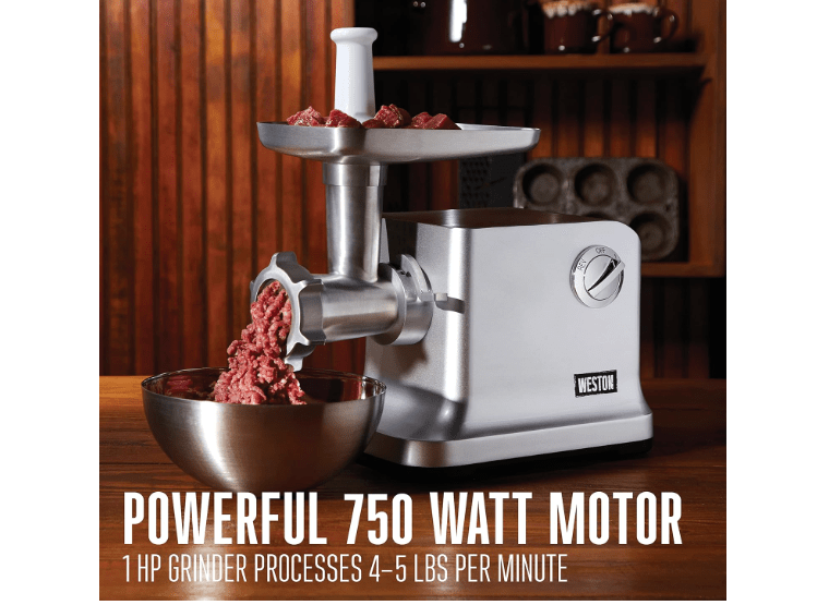  Weston Electric Meat Grinder & Sausage Stuffer, #12 750 Watt, 1 HP Motor, Grinds 4 lbs Per Minute, Includes Stainless Steel Grinding Plates, Die-Cast...