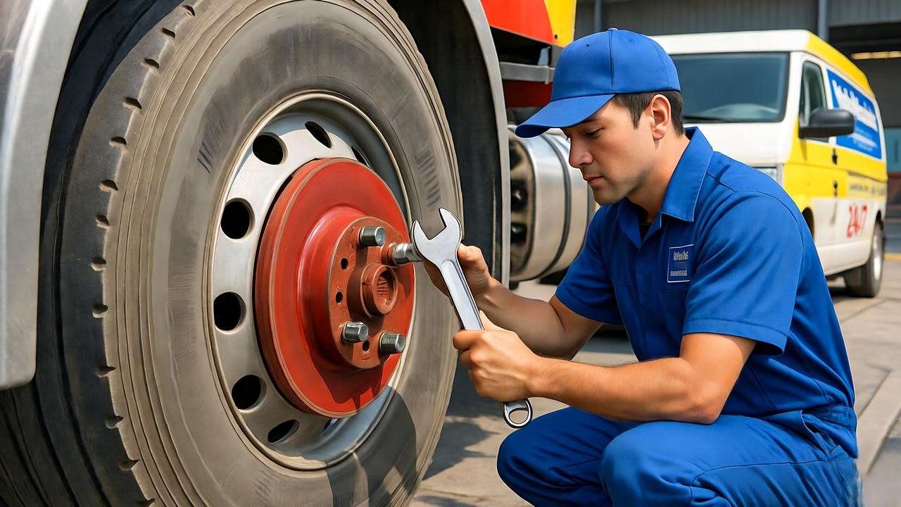 Mobile truck repair technician replacing brake pads on a semi-truck at a depot, showcasing on-site expertise.