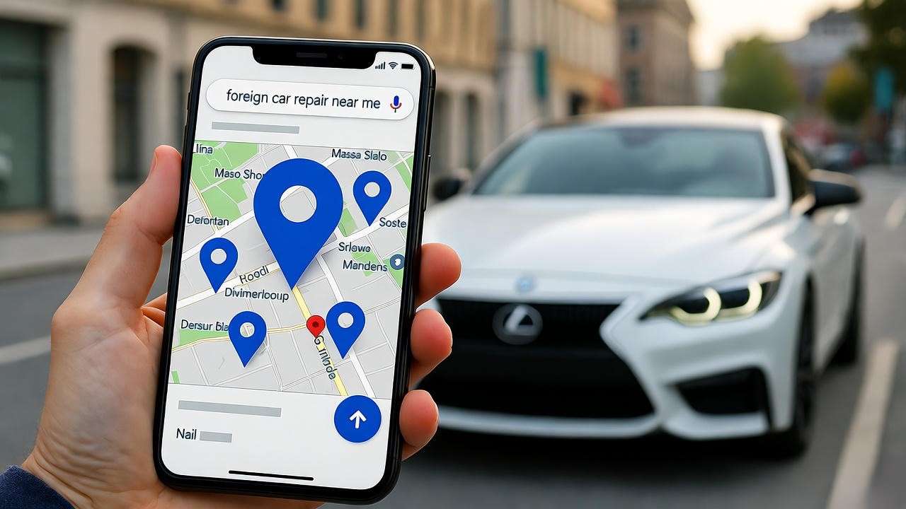 Person using smartphone with Google Maps to find foreign car repair shops near a BMW or Lexus