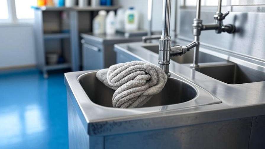 Maintenance of a clean industrial mop sink with soft cloth and cleaner.