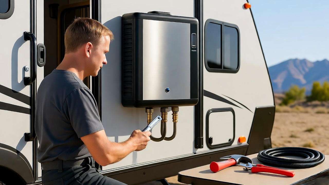 RV camper installing a tankless water heater with tools and hoses in a sunny mountain setting.